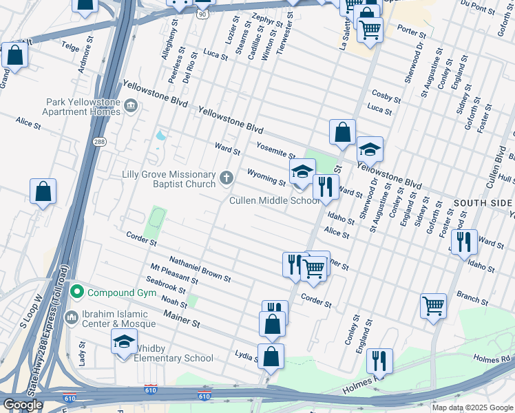 map of restaurants, bars, coffee shops, grocery stores, and more near 3702 Alice Street in Houston