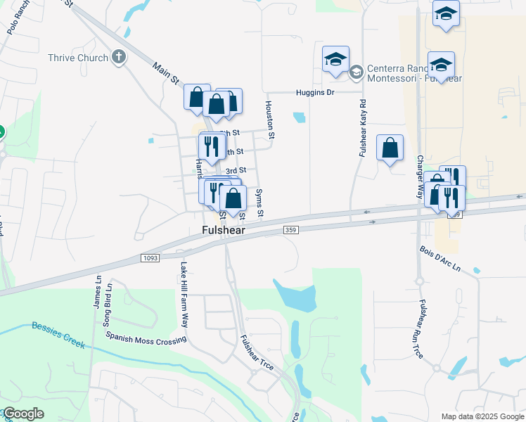 map of restaurants, bars, coffee shops, grocery stores, and more near 8509 Syms Street in Fulshear