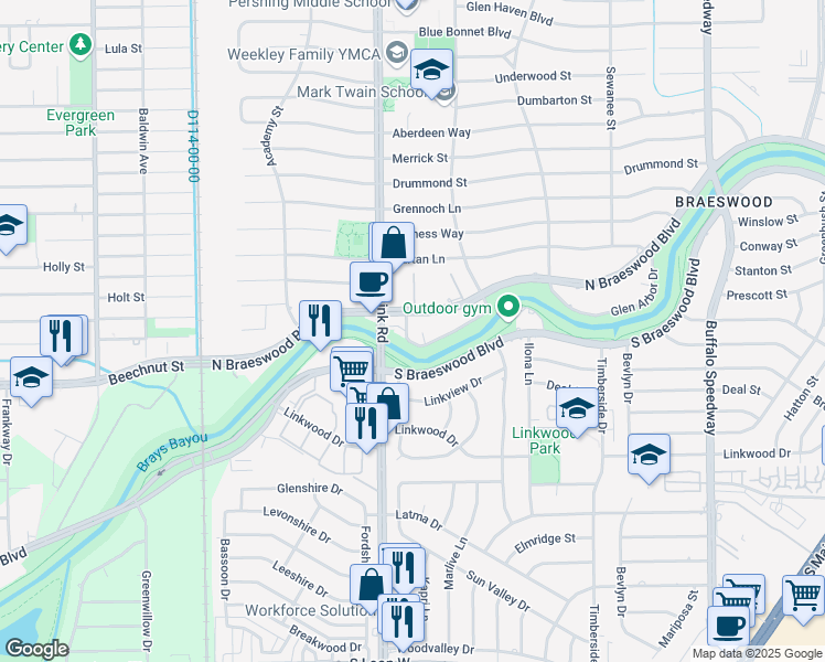 map of restaurants, bars, coffee shops, grocery stores, and more near 3850 Glen Arbor Drive in Houston