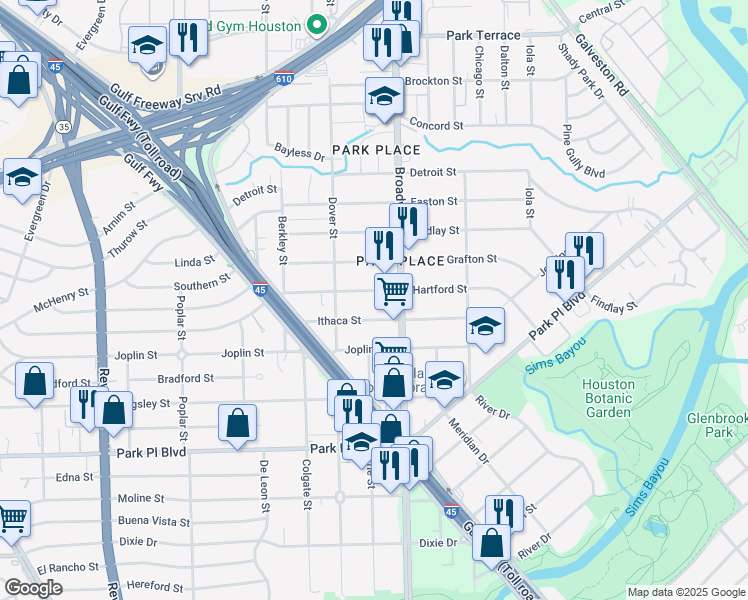map of restaurants, bars, coffee shops, grocery stores, and more near 8030 Hartford Street in Houston