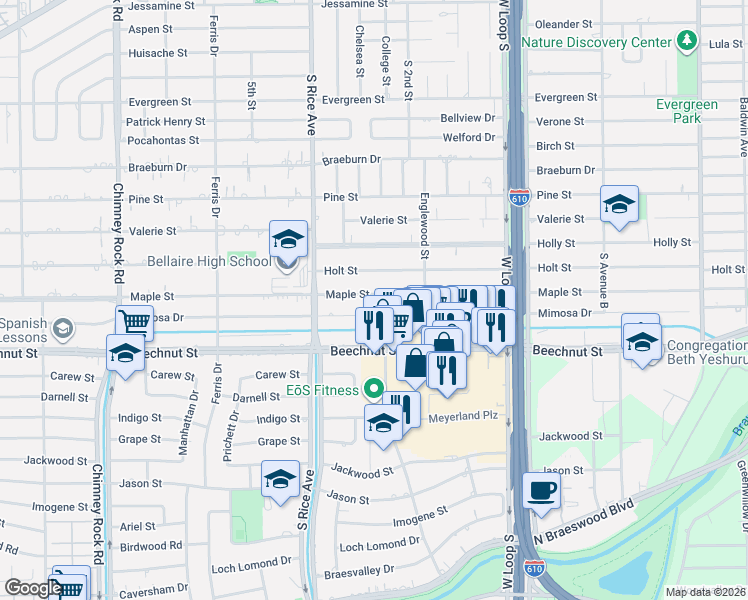 map of restaurants, bars, coffee shops, grocery stores, and more near 4905 Maple Street in Bellaire