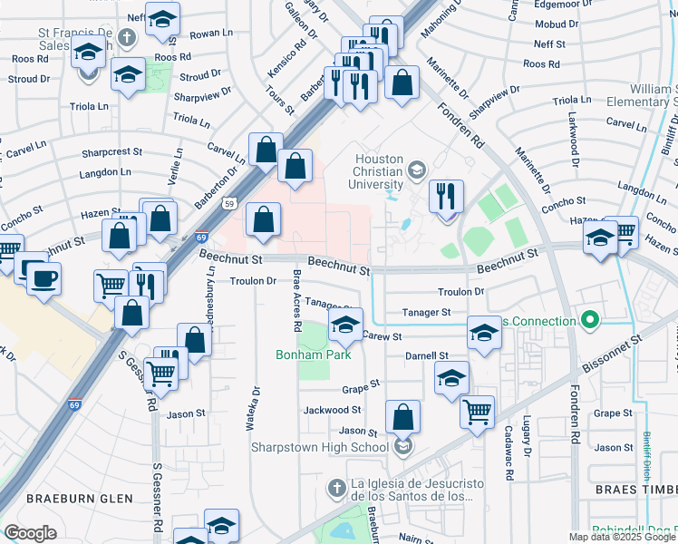 map of restaurants, bars, coffee shops, grocery stores, and more near 7511 Beechnut Street in Houston