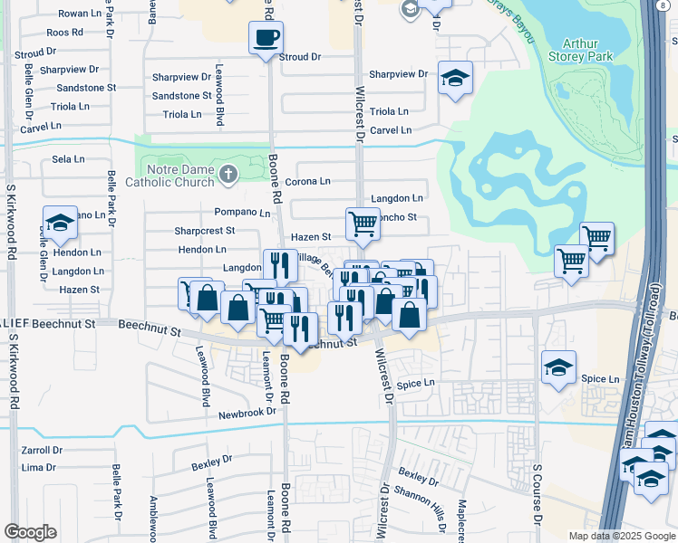 map of restaurants, bars, coffee shops, grocery stores, and more near 10932 Village Bend Lane in Houston