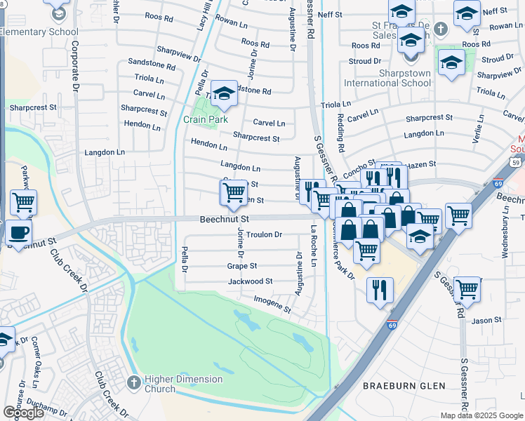 map of restaurants, bars, coffee shops, grocery stores, and more near 8920 Beechnut Street in Houston