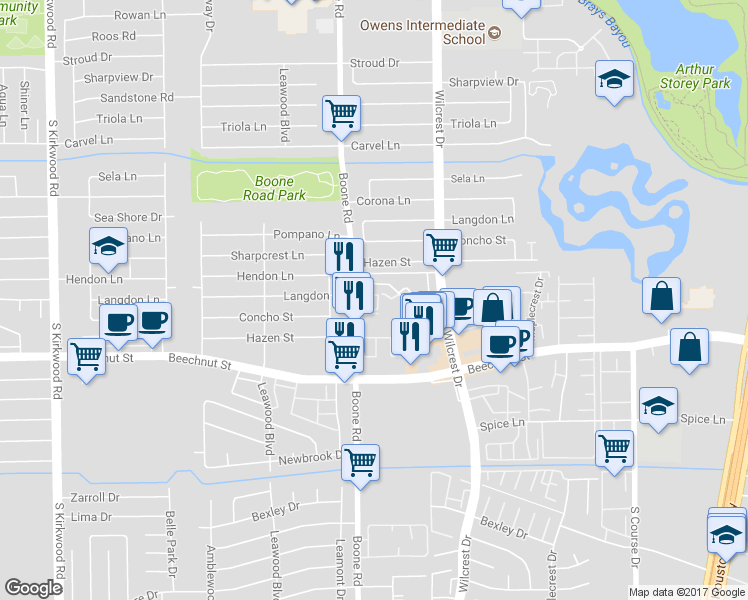 map of restaurants, bars, coffee shops, grocery stores, and more near 11131 Village Bend Lane in Houston