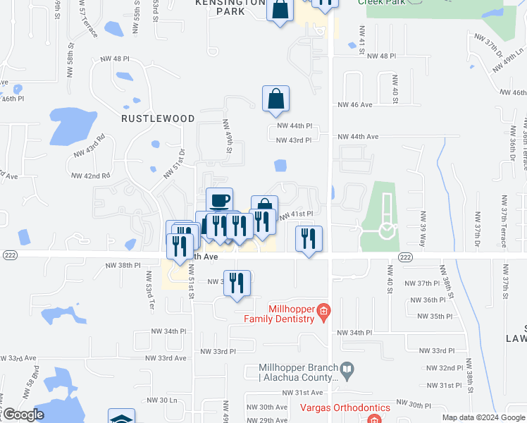 map of restaurants, bars, coffee shops, grocery stores, and more near 4118 Northwest 44th Drive in Gainesville