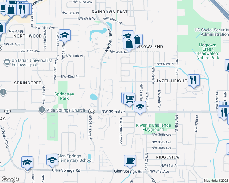 map of restaurants, bars, coffee shops, grocery stores, and more near 4101 Northwest 23rd Terrace in Gainesville
