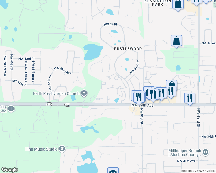 map of restaurants, bars, coffee shops, grocery stores, and more near 5400 Northwest 39th Avenue in Gainesville