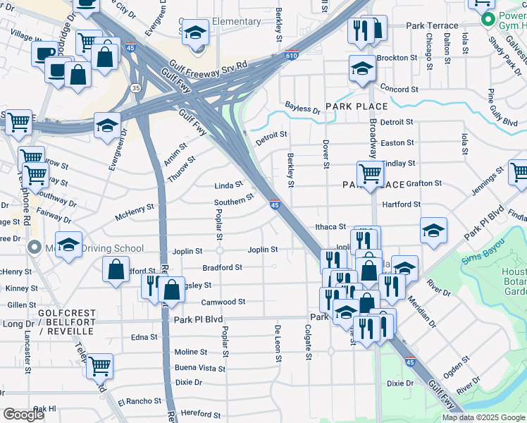 map of restaurants, bars, coffee shops, grocery stores, and more near 7754 Greendowns Street in Houston