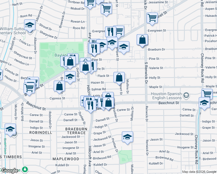 map of restaurants, bars, coffee shops, grocery stores, and more near 5630 Sylmar Road in Houston
