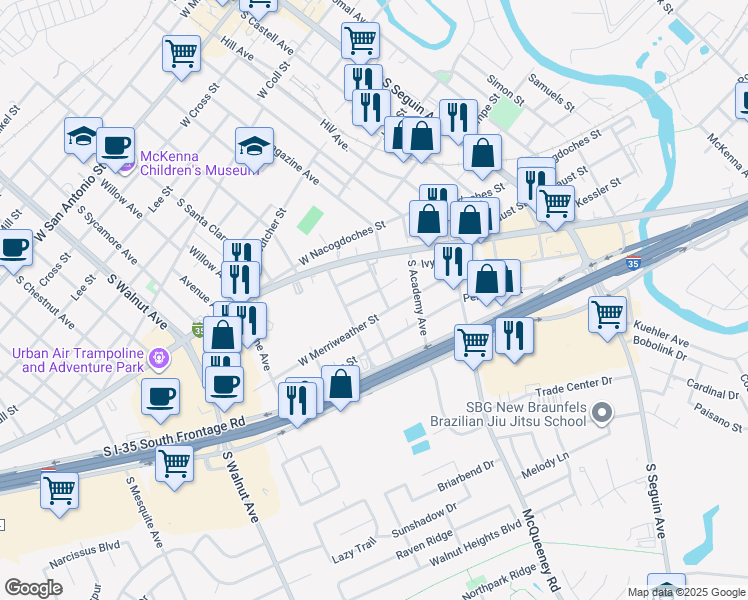 map of restaurants, bars, coffee shops, grocery stores, and more near 623 Southeast Terrace in New Braunfels