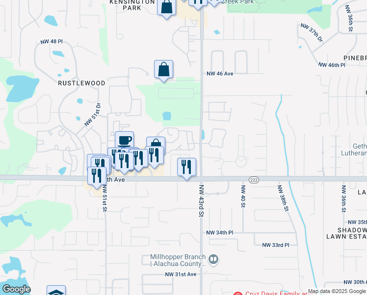 map of restaurants, bars, coffee shops, grocery stores, and more near 4109 Northwest 44th Court in Gainesville