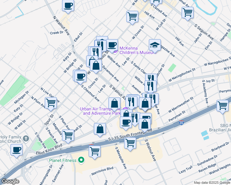 map of restaurants, bars, coffee shops, grocery stores, and more near 1125 Stonewall Street in New Braunfels