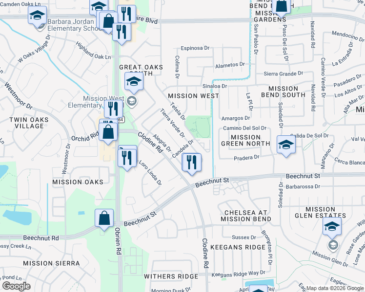 map of restaurants, bars, coffee shops, grocery stores, and more near 7635 Sorbete Drive in Houston