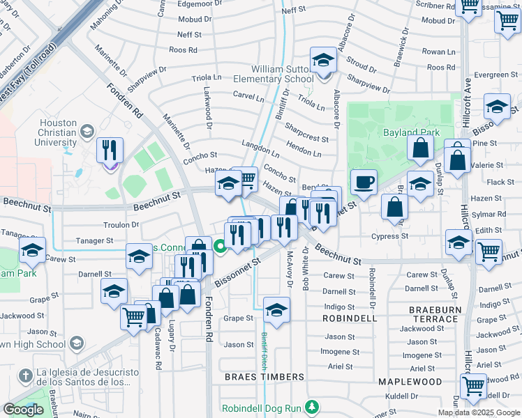 map of restaurants, bars, coffee shops, grocery stores, and more near 6843 Beechnut Street in Houston