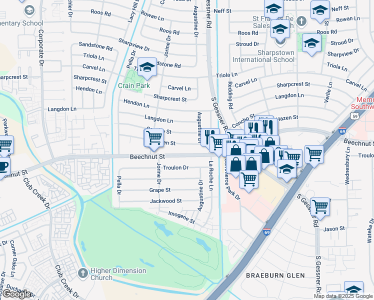 map of restaurants, bars, coffee shops, grocery stores, and more near 8826 Beechnut Street in Houston