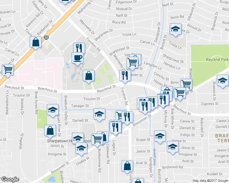 map of restaurants, bars, coffee shops, grocery stores, and more near 7114 Troulon Dr in Houston