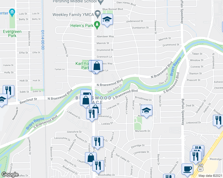 map of restaurants, bars, coffee shops, grocery stores, and more near 3822 Glen Arbor Drive in Houston