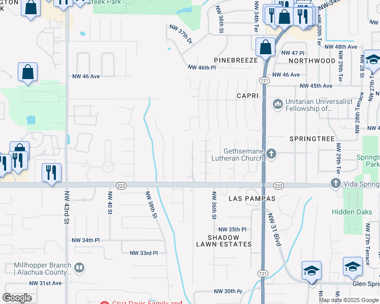 map of restaurants, bars, coffee shops, grocery stores, and more near 4162 Northwest 37th Terrace in Gainesville