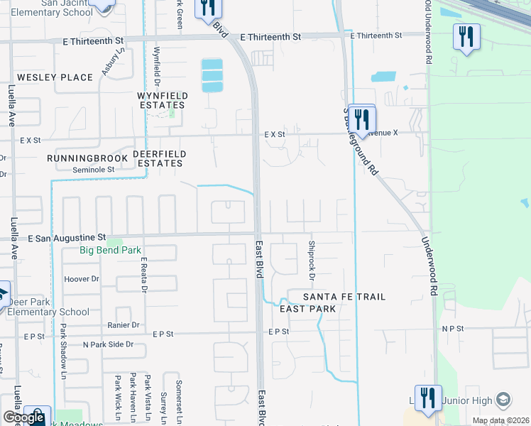 map of restaurants, bars, coffee shops, grocery stores, and more near 2225 Trinity Park Court in Deer Park