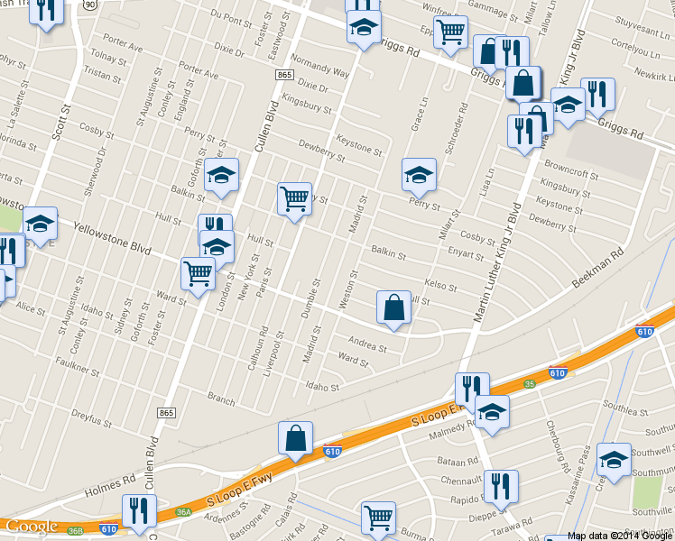 map of restaurants, bars, coffee shops, grocery stores, and more near 6600 Madrid Street in Houston