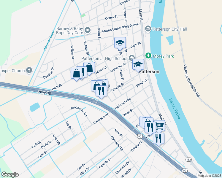 map of restaurants, bars, coffee shops, grocery stores, and more near 1101-1141 Lee Street in Patterson