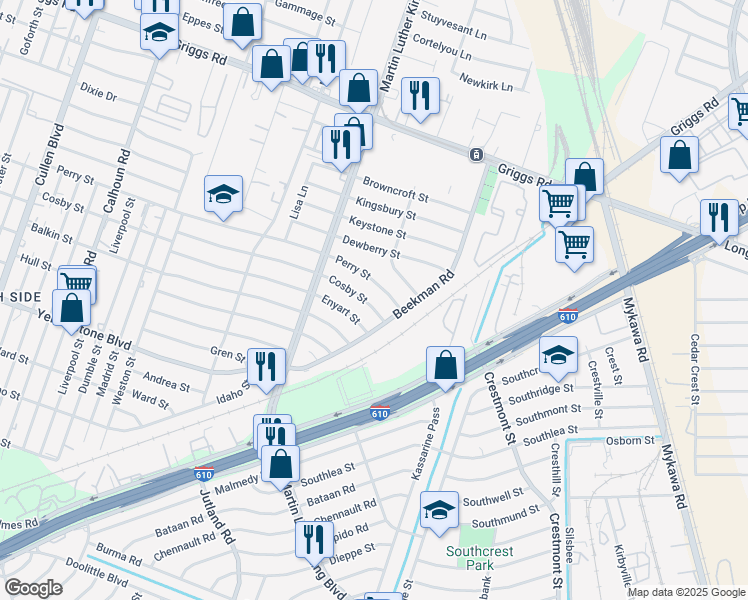 map of restaurants, bars, coffee shops, grocery stores, and more near 5251 Cosby Street in Houston