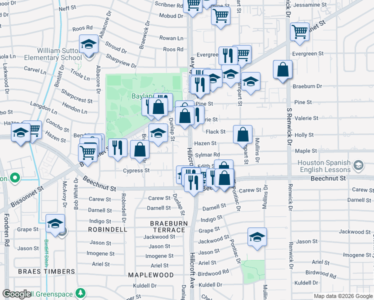 map of restaurants, bars, coffee shops, grocery stores, and more near 8018 Hillcroft Avenue in Houston