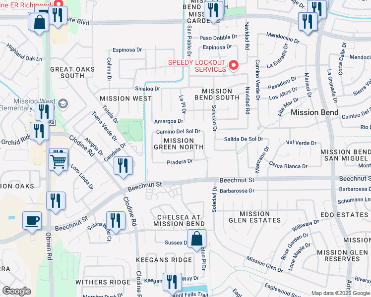 map of restaurants, bars, coffee shops, grocery stores, and more near 16414 Canario Drive in Houston