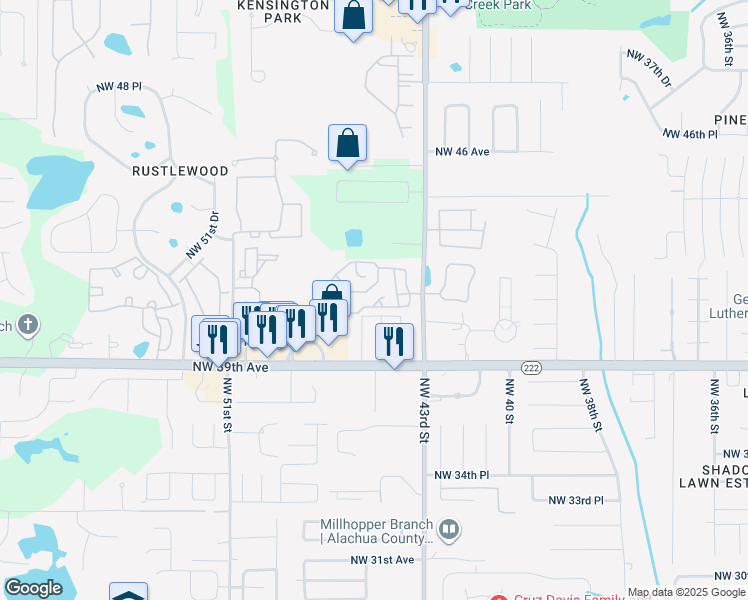map of restaurants, bars, coffee shops, grocery stores, and more near 4109 Northwest 44th Court in Gainesville
