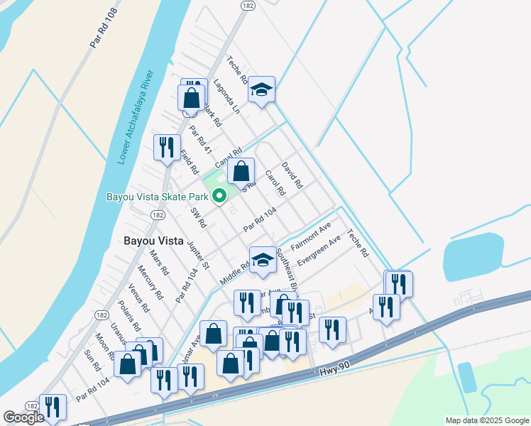 map of restaurants, bars, coffee shops, grocery stores, and more near 1403-1499 Par Road 104 in Morgan City