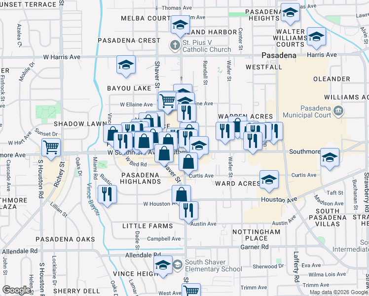 map of restaurants, bars, coffee shops, grocery stores, and more near in Pasadena