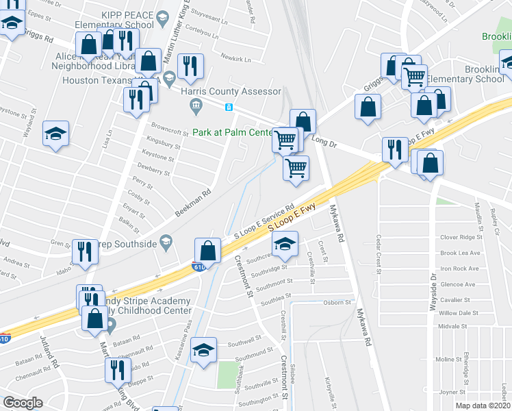 map of restaurants, bars, coffee shops, grocery stores, and more near 5941 South Loop East in Houston