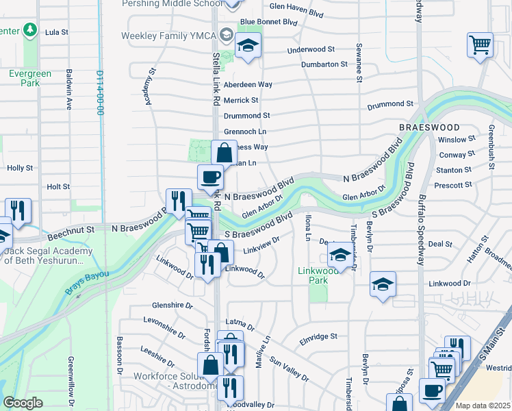 map of restaurants, bars, coffee shops, grocery stores, and more near 3822 Glen Arbor Drive in Houston