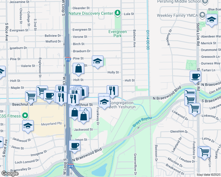 map of restaurants, bars, coffee shops, grocery stores, and more near 4511 Maple Street in Bellaire
