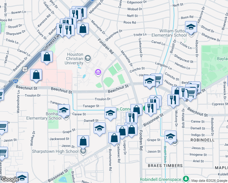 map of restaurants, bars, coffee shops, grocery stores, and more near 7209 Beechnut Street in Houston