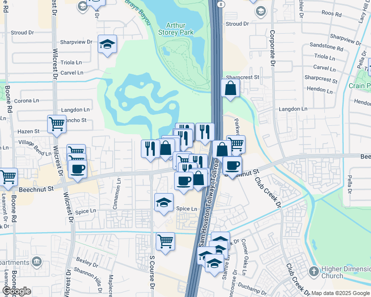 map of restaurants, bars, coffee shops, grocery stores, and more near 10100 Beechnut Street in Houston