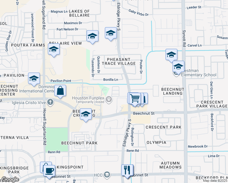 map of restaurants, bars, coffee shops, grocery stores, and more near 8320 Wild Rose Street in Houston