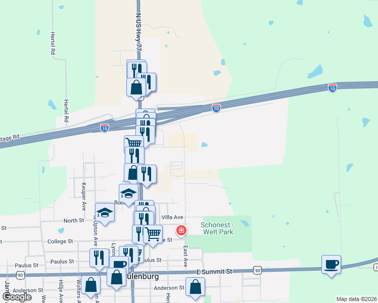 map of restaurants, bars, coffee shops, grocery stores, and more near 40 East Avenue in Schulenburg