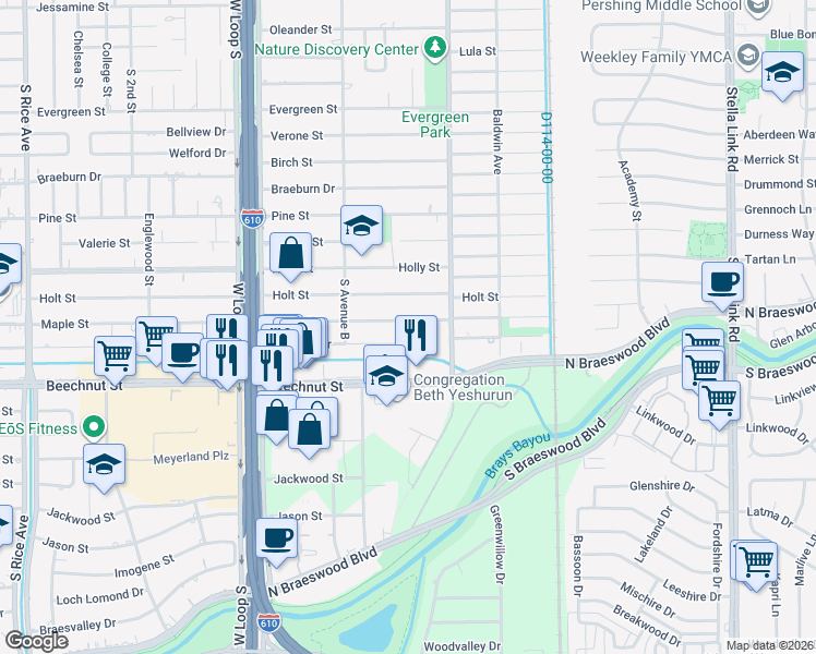 map of restaurants, bars, coffee shops, grocery stores, and more near 4515 Maple Street in Bellaire