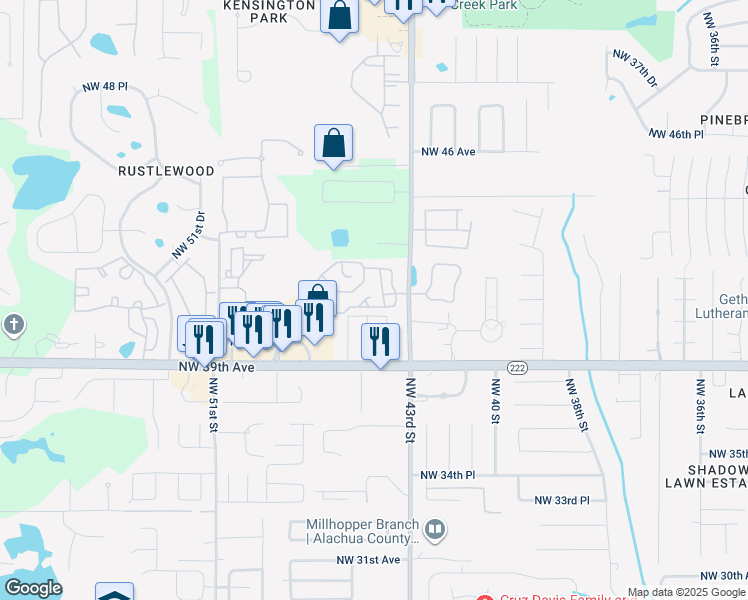 map of restaurants, bars, coffee shops, grocery stores, and more near 4109 Northwest 44th Court in Gainesville