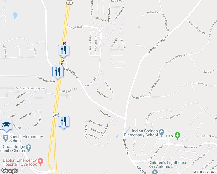 map of restaurants, bars, coffee shops, grocery stores, and more near 26516 Tuscan Meadows in San Antonio