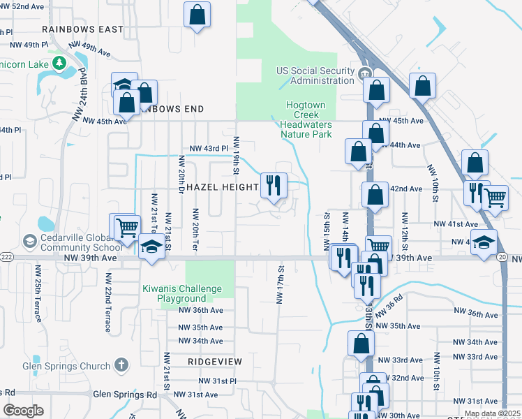 map of restaurants, bars, coffee shops, grocery stores, and more near 4044 Northwest 17 Terrace in Gainesville