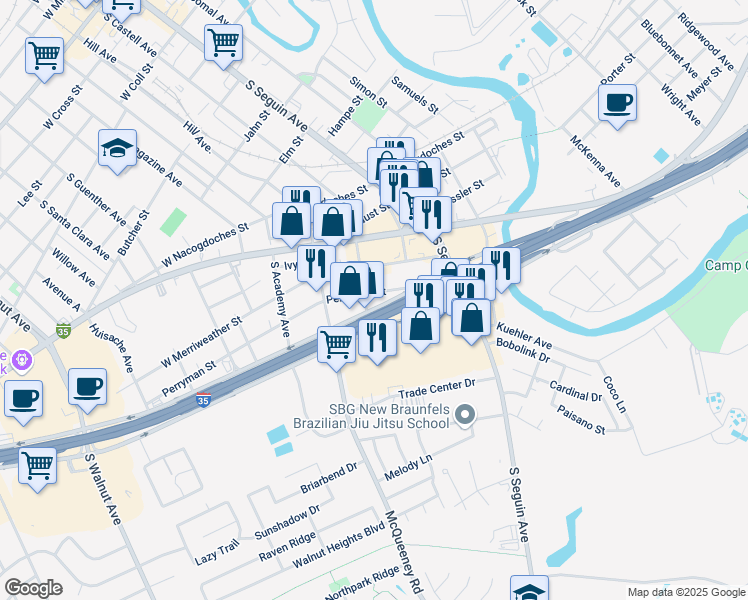 map of restaurants, bars, coffee shops, grocery stores, and more near 192 Interstate 35 in New Braunfels