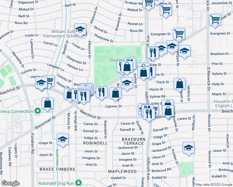map of restaurants, bars, coffee shops, grocery stores, and more near 8128 Braewick Drive in Houston