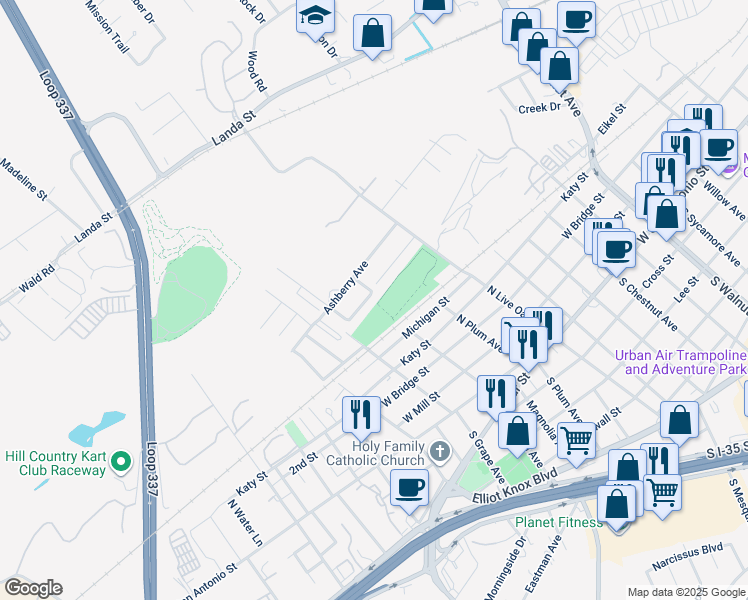 map of restaurants, bars, coffee shops, grocery stores, and more near 1133 Morning Glory Circle in New Braunfels