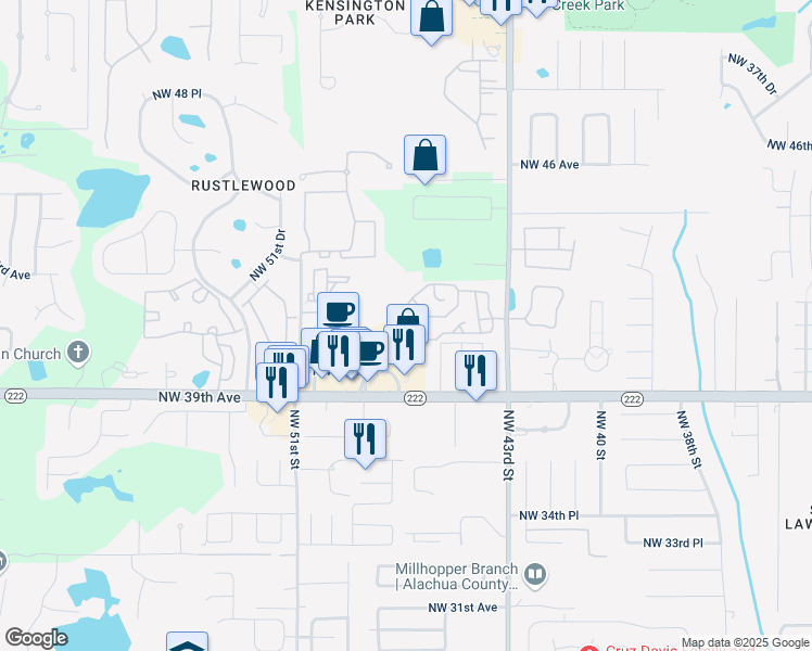 map of restaurants, bars, coffee shops, grocery stores, and more near 4120 Northwest 44th Drive in Gainesville