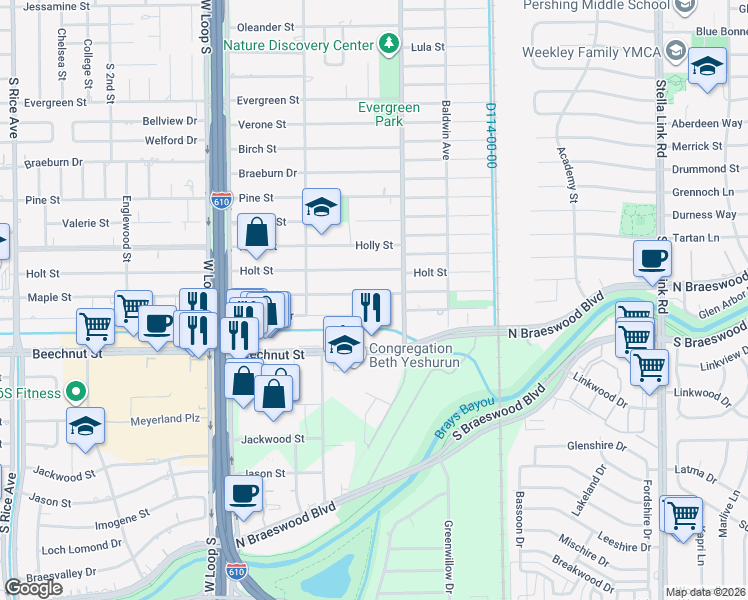 map of restaurants, bars, coffee shops, grocery stores, and more near 4511 Maple Street in Bellaire