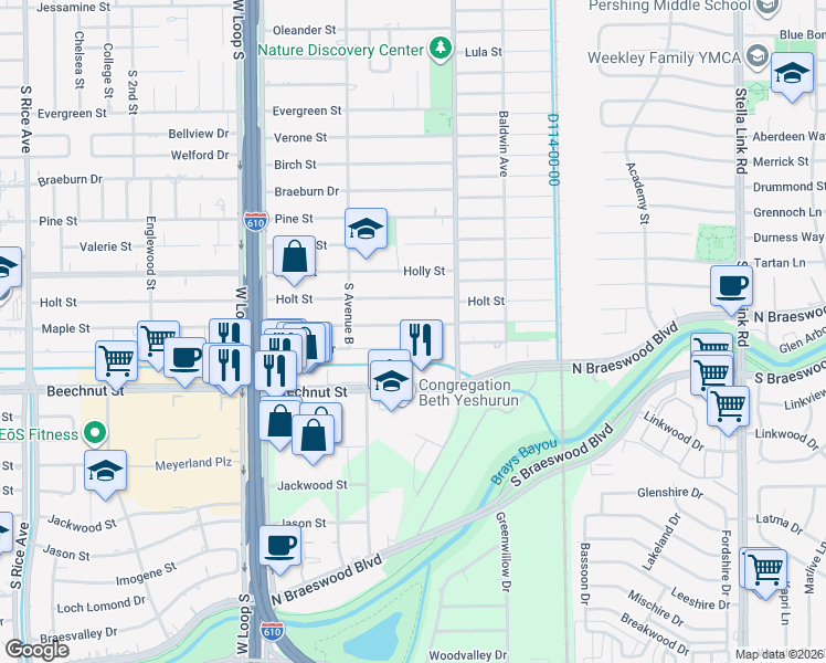 map of restaurants, bars, coffee shops, grocery stores, and more near 4515 Maple Street in Bellaire