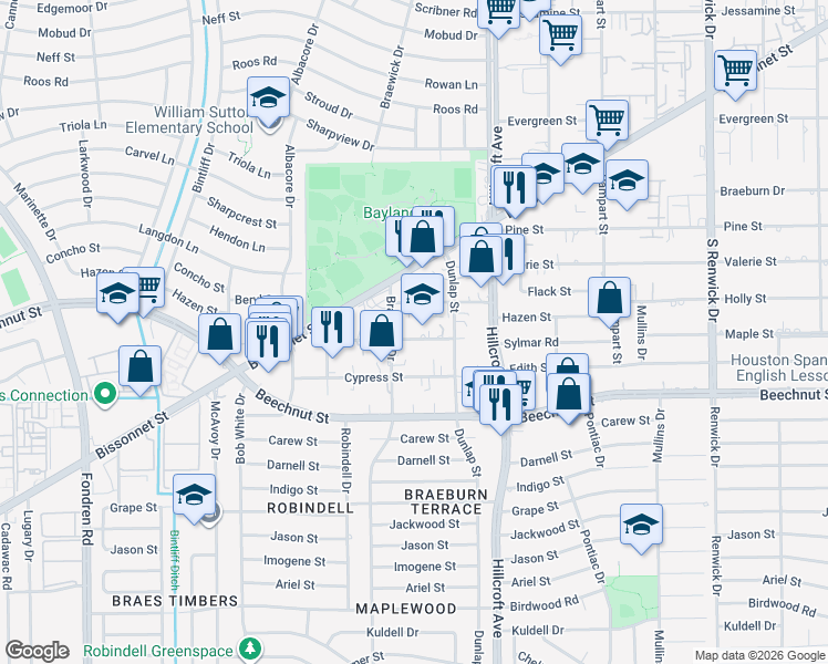 map of restaurants, bars, coffee shops, grocery stores, and more near 5902 Maple Street in Houston